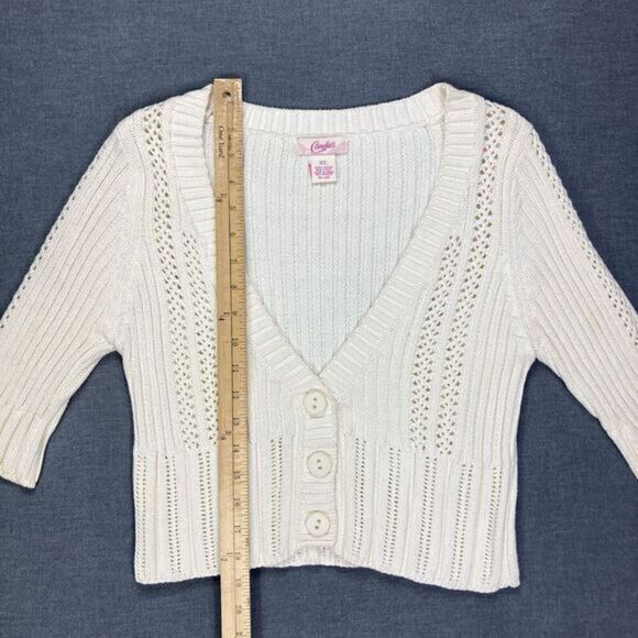 Candies V- Neck Cardigan Womens S Girls XL Ivory Knit Casual Minimalist Sweater - Picture 11 of 15